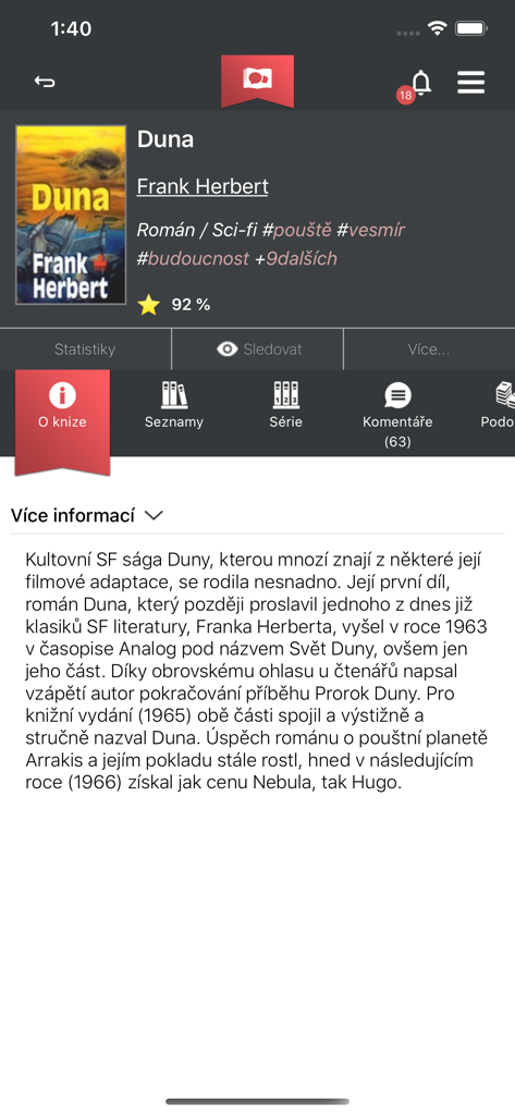 Interface of the Booxy app displaying details for the book Dune by Frank Herbert including description and rating
