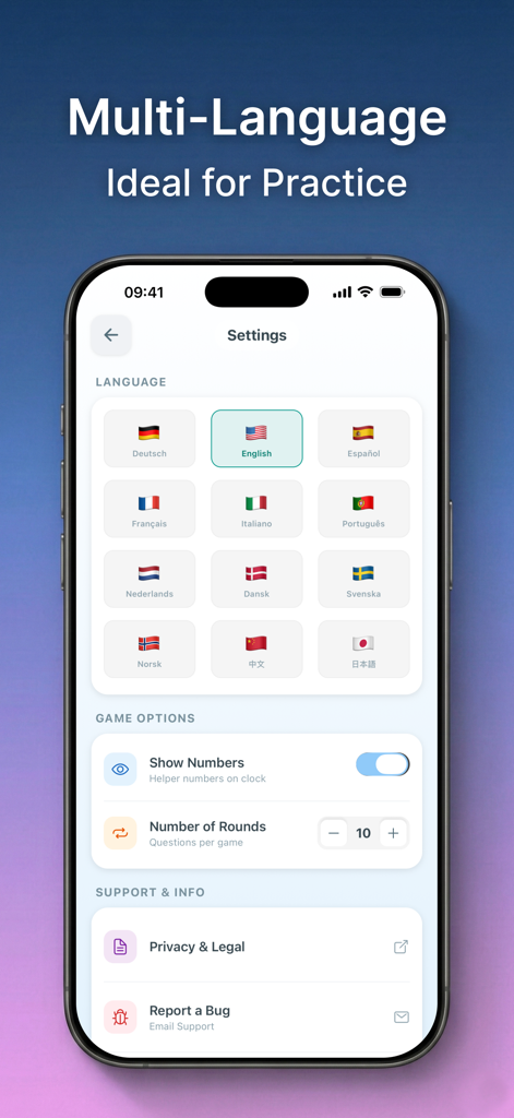 Klokko app settings menu showing language selection with flags and game customization options