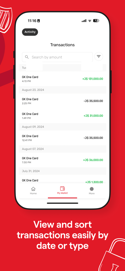 GK One - Pantalla del historial de transacciones de la aplicación GK One que muestra las actividades de la billetera por fecha
