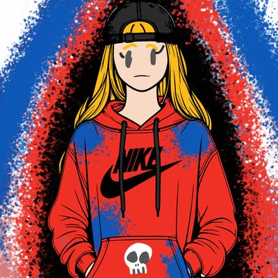 realistic girl wearing a backwards hat, a hoodie, and nikes