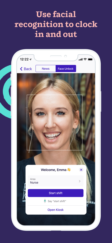 Deputy Kiosk app interface showing touchless facial recognition for an employee to clock in.