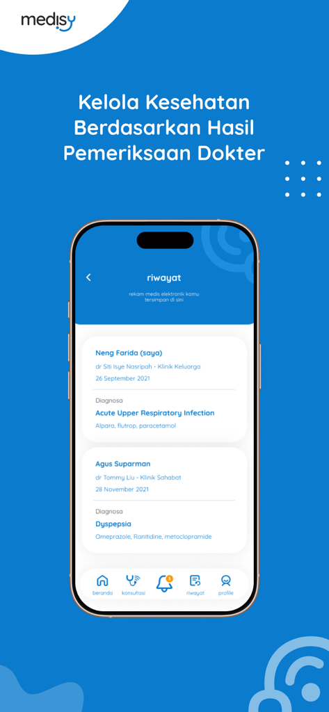 Medisy - Medical Records - Écran de l'application Medisy affichant les dossiers médicaux familiaux avec l'historique des diagnostics et des médicaments