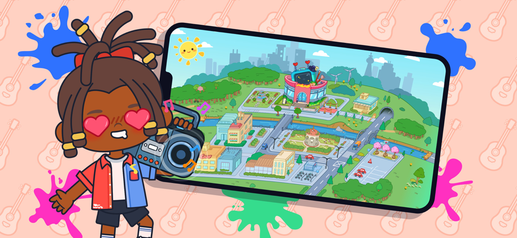 Terra World: Avatar Maker Life - Un personaje de dibujos animados con ojos de corazón sosteniendo un boombox junto a un teléfono inteligente que muestra el mapa de la ciudad de Terra World