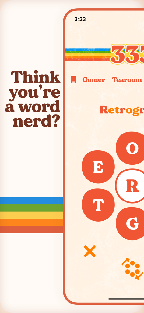 Retrogram - A screenshot of the Retrogram word puzzle game featuring a 1970s aesthetic and circular letter layout