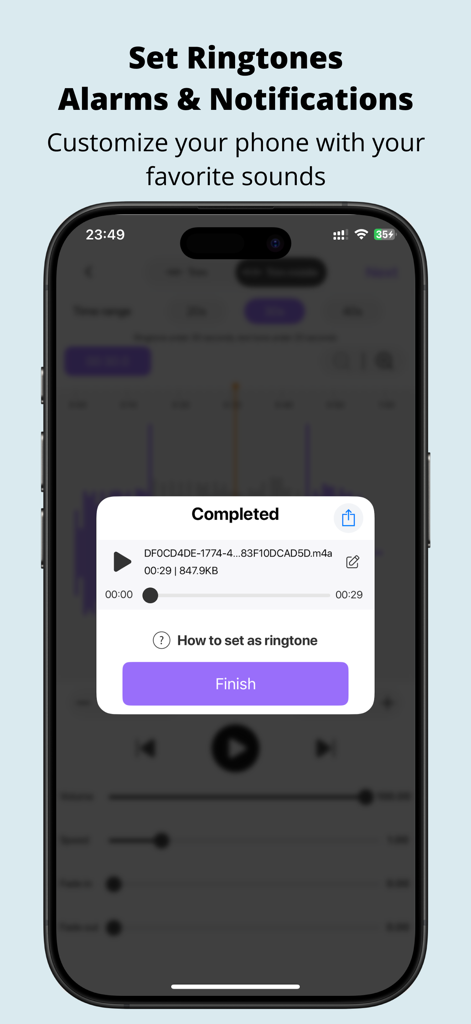 MP3 Cutter: Music Trim & Maker - 사용자 지정 벨소리를 위한 완성된 오디오 편집을 보여주는 MP3 커터 앱의 인터페이스