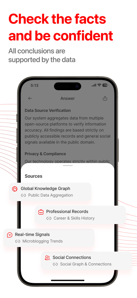 CheaterBuster AI - Deep Search - Pantalla de la aplicación móvil que muestra fuentes de investigación verificadas para encontrar la verdad, incluidos registros profesionales y conexiones sociales.