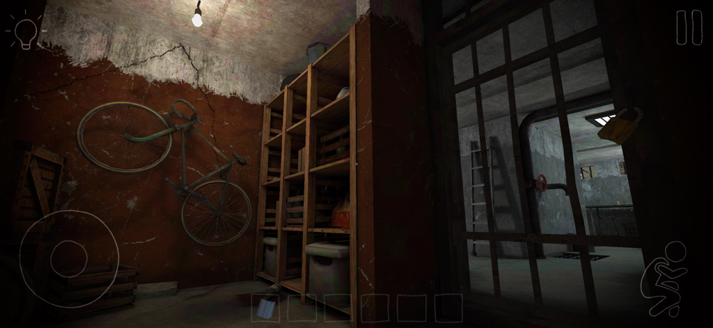 911: Cannibal (Horror Escape) - Vista en primera persona de una sala de almacenamiento oscura en el sótano con una bicicleta y una puerta de metal en un juego de terror.