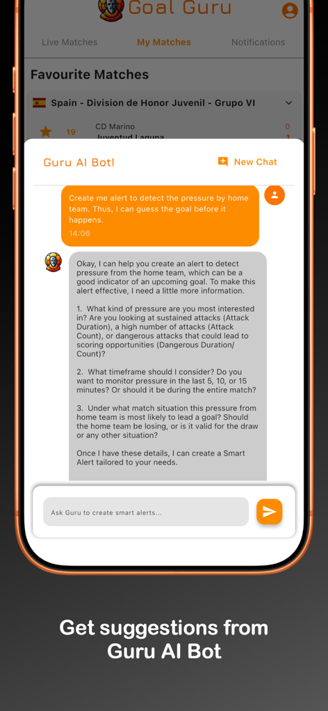 Goal Guru - Football Alerts - Interface of the Goal Guru app showing a chat with the Guru AI Bot to create custom smart alerts for football matches.