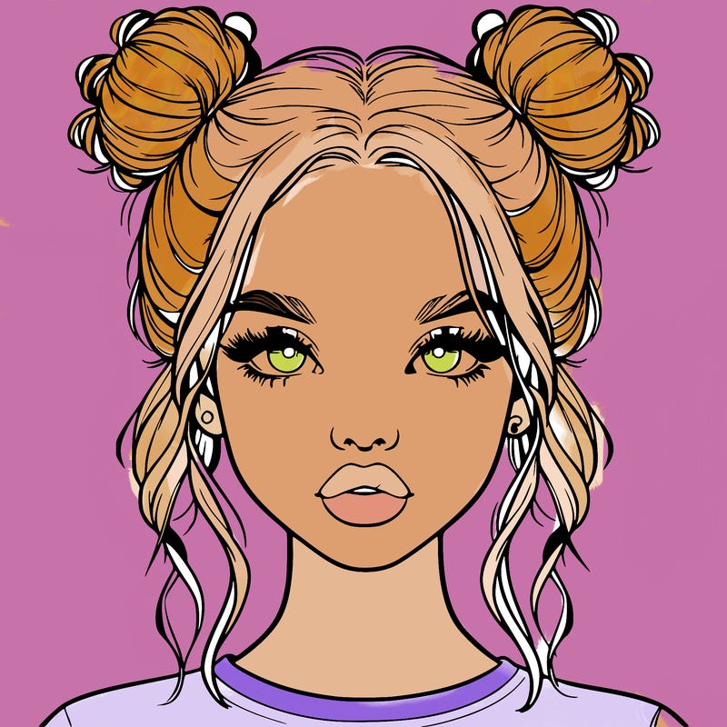 realistic girl with two buns in hair and lips