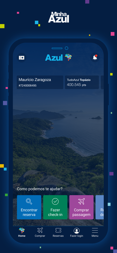 Minha Azul - Home screen of the Minha Azul employee app showing user profile and navigation buttons for flight services