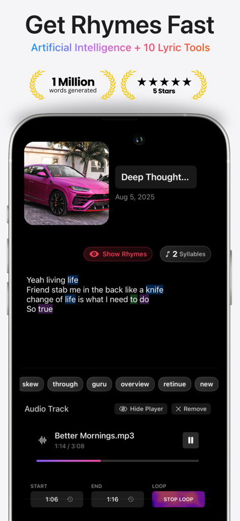 Interface do aplicativo Fye AI apresentando letras de rap codificadas por cores e sugestões de rimas em tempo real