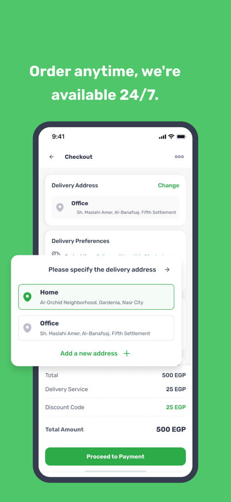Tazah app checkout screen featuring address selection for home and office delivery with 24 7 availability message