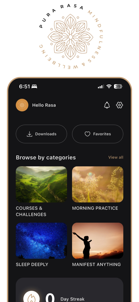 Pura Rasa - Home screen of the Pura Rasa meditation app displaying browse categories for sleep, morning practice, and courses.