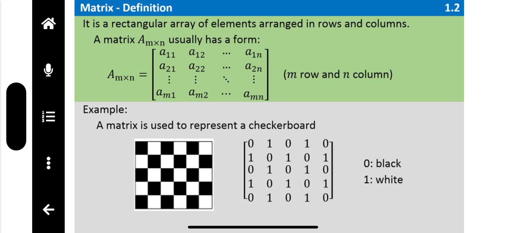 Linear Algebra QCard - Eine Karteikarte von der Lineare Algebra QCard App, die eine Matrix mit mathematischer Notation und einem Schachbrett-Praxisbeispiel definiert