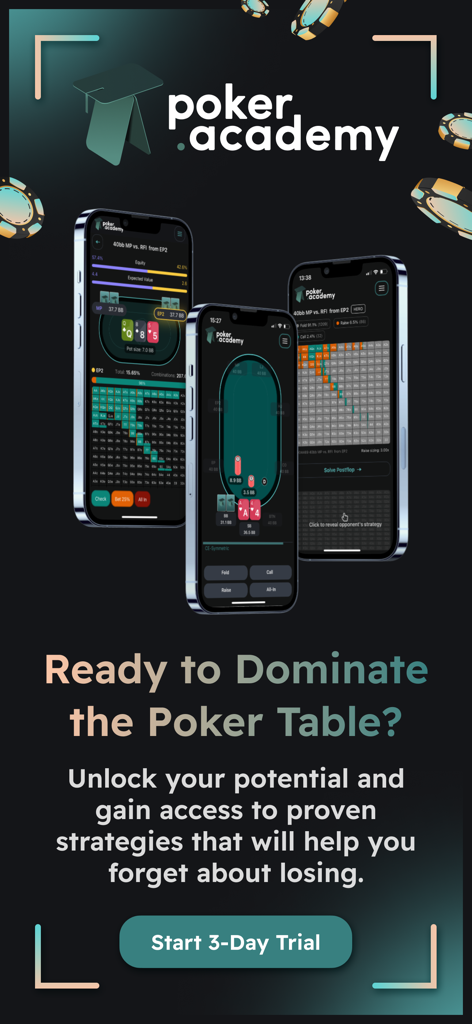 Mobile screens of Poker Academy app displaying GTO strategy charts and poker simulation