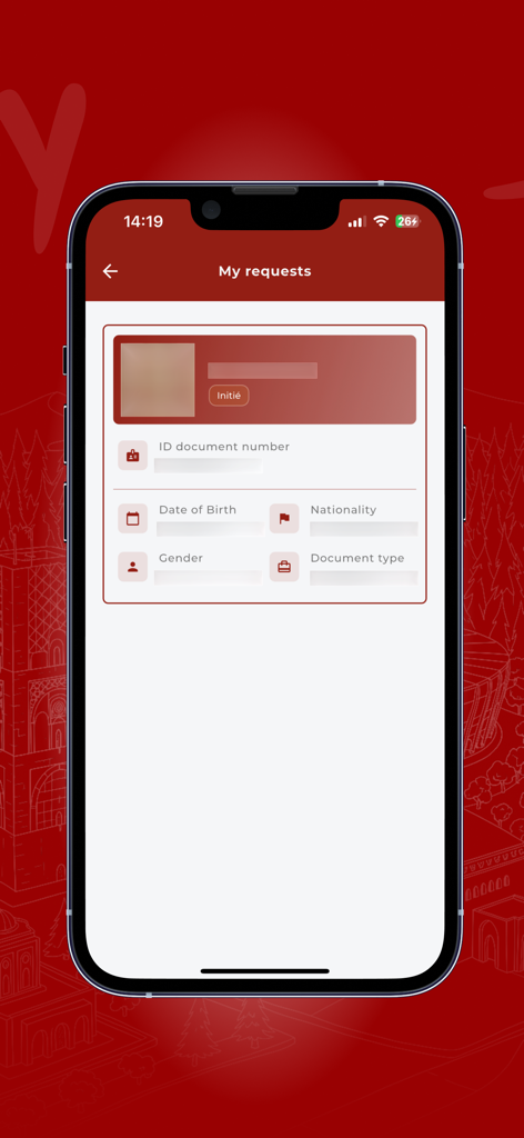 A mobile interface of the YALLA app showing a summary of a user's Fan ID request details including document number and status.