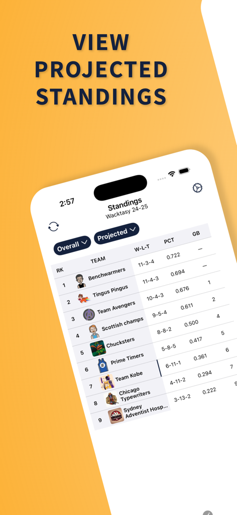 FantasyHoops AI - Interface do aplicativo FantasyHoops AI exibindo classificações projetadas da liga de basquete e rankings de times.