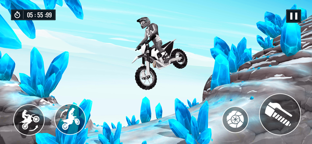 Um piloto de motocross realizando um salto em um nível nevado com grandes cristais azuis no jogo Bike 3XM.