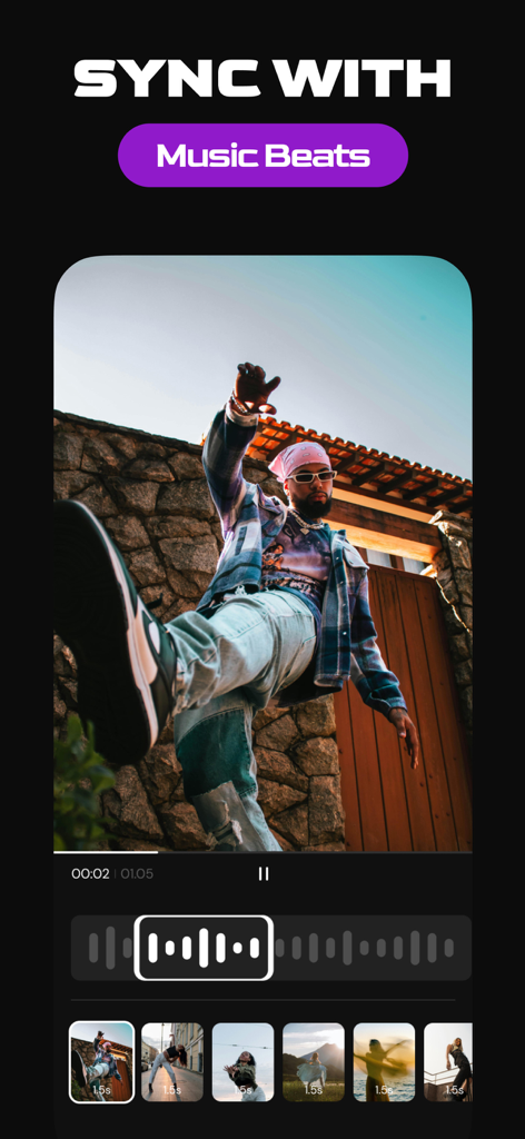 Reels Editor Story Maker BLISK - Interface of BLISK app showing how to sync video clips with music beats for social media reels