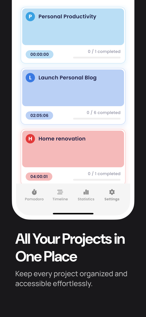 Blueprint - Project Management - Blueprint app dashboard showing a list of personal and professional projects with time tracking and progress indicators