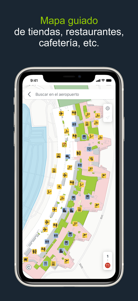 Una interfaz móvil de la app Aena que muestra un mapa interactivo detallado de una terminal de aeropuerto con iconos de servicios y tiendas