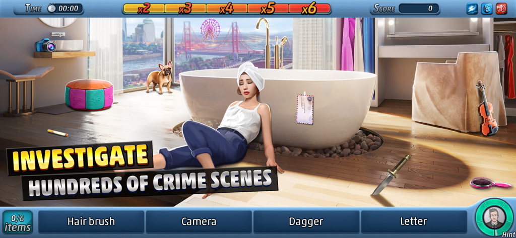 Crime scene investigation gameplay showing a hidden object puzzle in a bathroom.