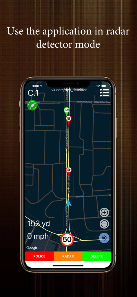 Oberfläche der Polizei Detektor App, die den Radarwarner-Modus mit Blitzerwarnungen und Navigationskarte anzeigt.