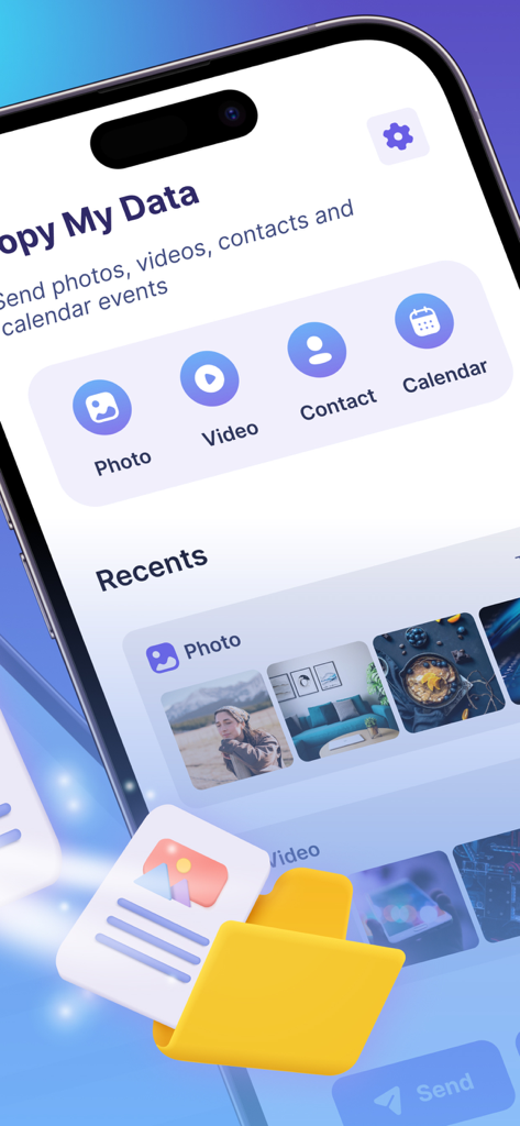 Copy My Data: Smart Switch App - Main dashboard of Copy My Data app showing transfer options for photos videos and contacts