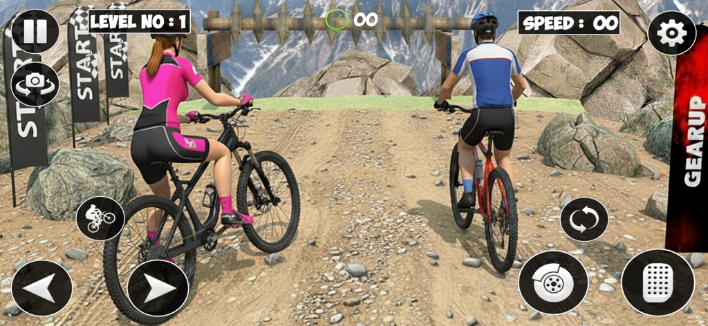 BMX Racing: Bicycle Rider Game - Two riders at the start line of a mountain bicycle race in a mobile game