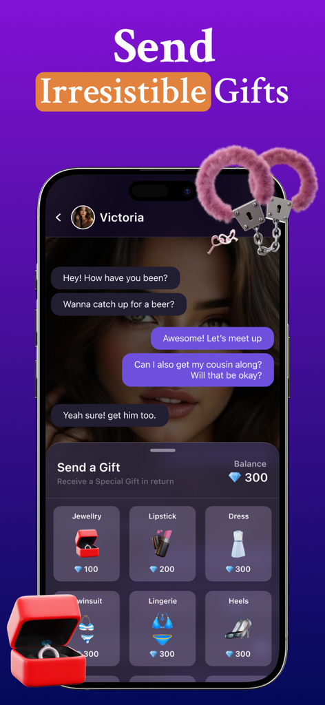 AI Girlfriend - AI GF Chat 18+ - Ein Smartphone-Bildschirm, der einen virtuellen Geschenkeladen innerhalb einer KI-Freundinnen-Chat-App anzeigt.