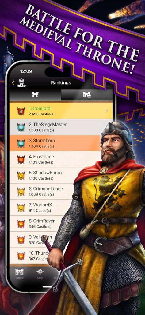 Lords & Knights - Mobile Kings - A medieval knight in yellow tunic and chainmail holding a sword next to a phone screen displaying the global player rankings for the game Lords and Knights.
