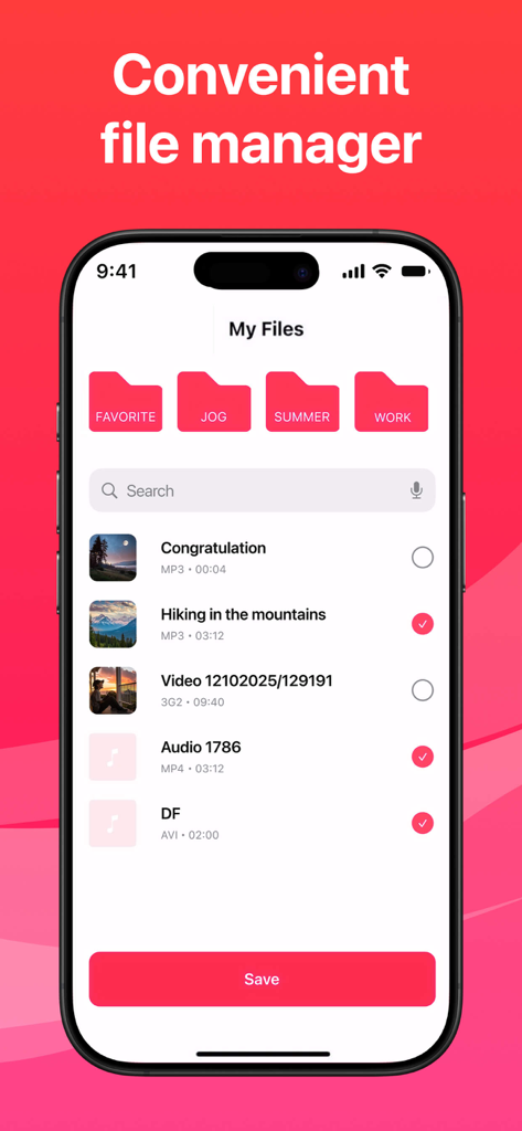 Audio Converter: Video to MP3ㅤ - Interface of the file manager in the Audio Converter app showing saved media and custom folders