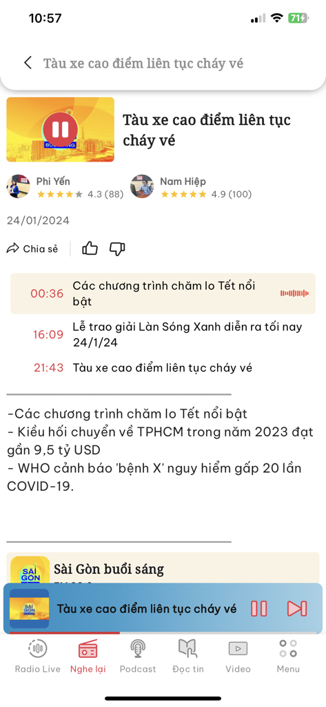 VOH Radio Online - Interface of VOH Radio Online app displaying an audio news broadcast with playback controls and a segment list.