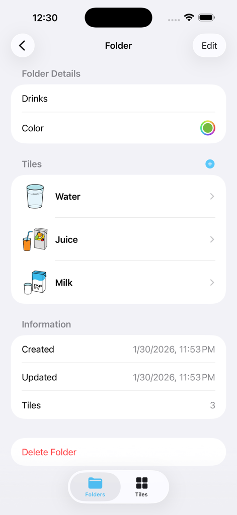 My Voice AAC - A folder management screen in the My Voice AAC app showing communication tiles for water juice and milk