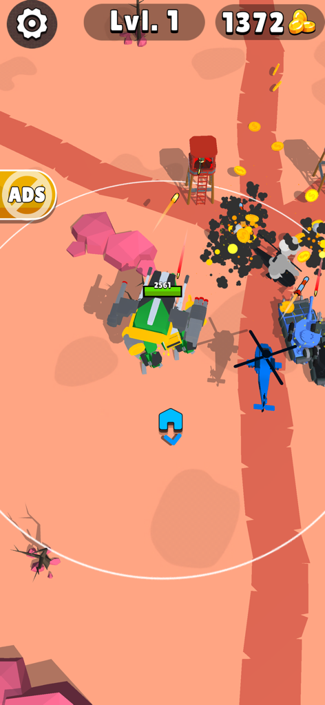 A top-down view of a tank and helicopter engaging in battle on a desert map