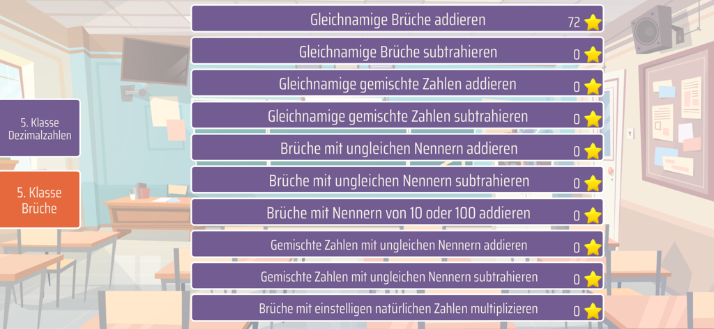 Mathe 5. Klasse - 5th grade math app menu showing fraction exercises in German