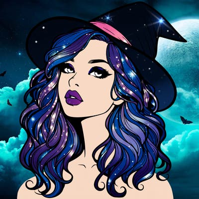 realistic witch girl with wavy hair and lips