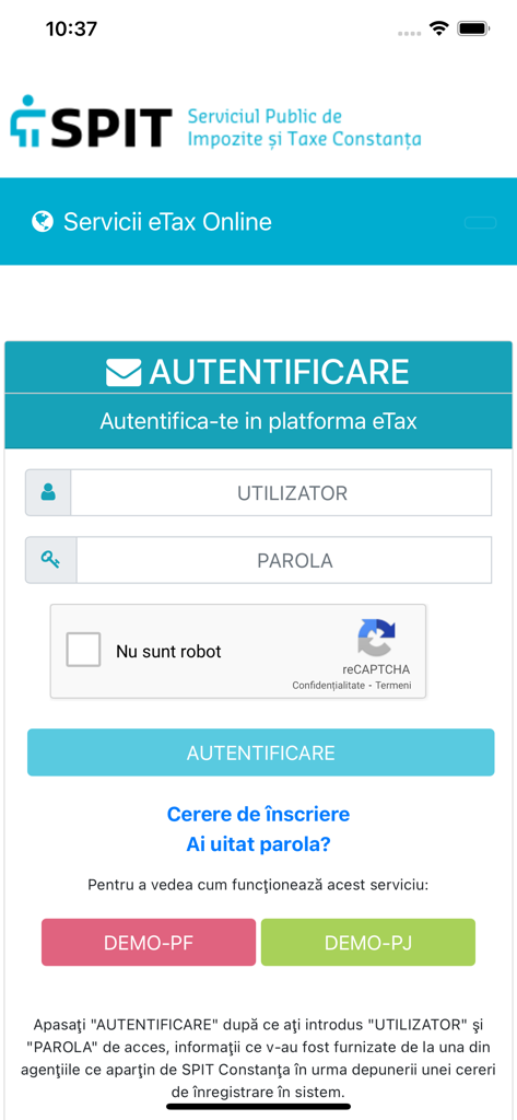 eTax Mobile - SPIT - Login screen of the eTax Mobile SPIT app for tax payments in Constanta