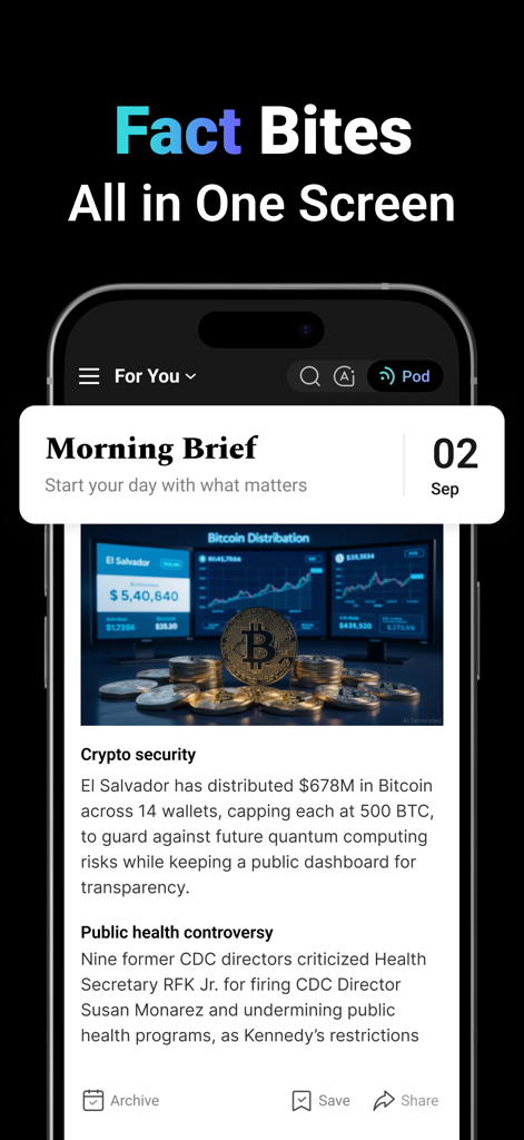 NewsBang mobile app showing the Morning Brief with bite-sized news summaries and a crypto article on one screen.