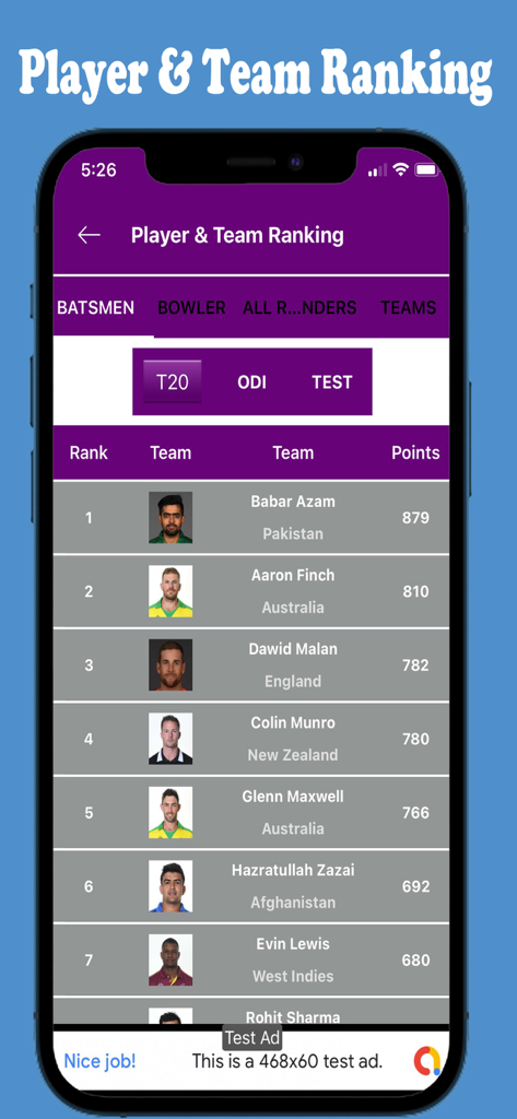 Star Sports official - Star Sports公式アプリのスクリーンショットで、選手名とポイントが表示されたT20クリケットの打者ランキングを表示。