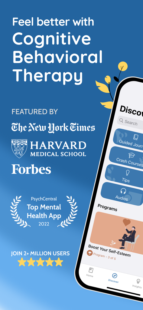 Clarity: CBT Self Help Journal - Clarity app promotional screen showing CBT therapy benefits and endorsements from Harvard Medical School and The New York Times.