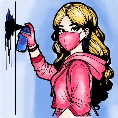 realistic girl with mask spray painting a wall