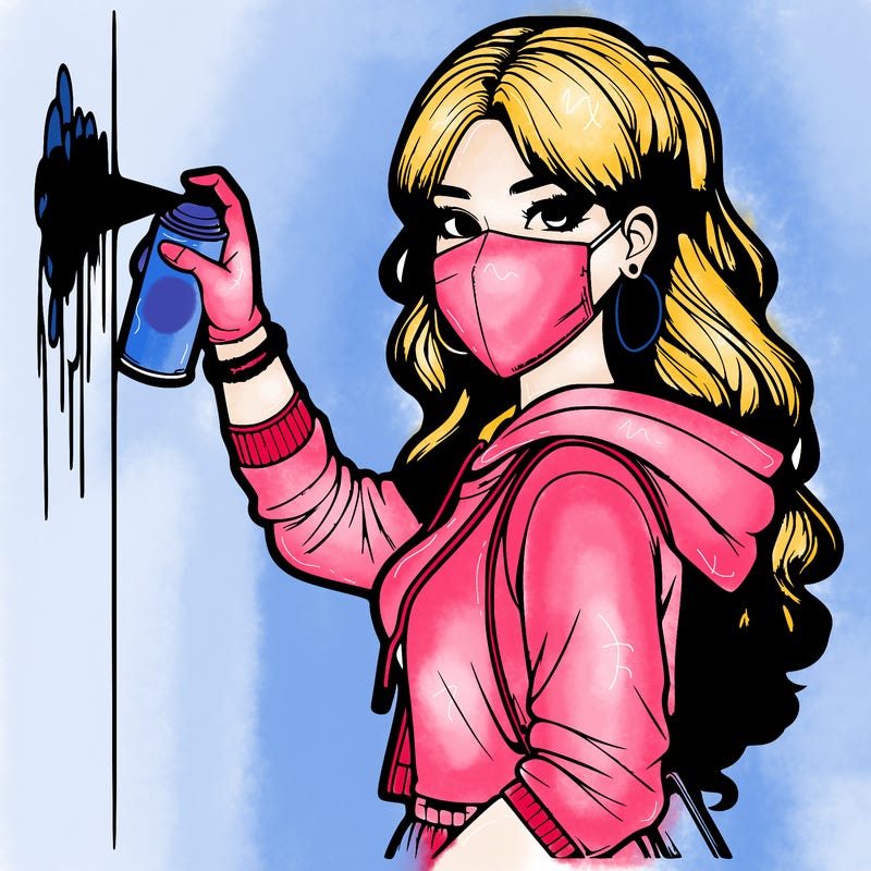 realistic girl with mask spray painting a wall