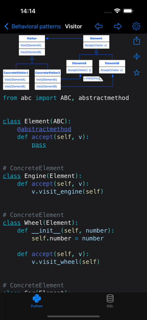 Implementación del patrón de diseño visitante y diagrama UML en la aplicación Python y SQL Pro.