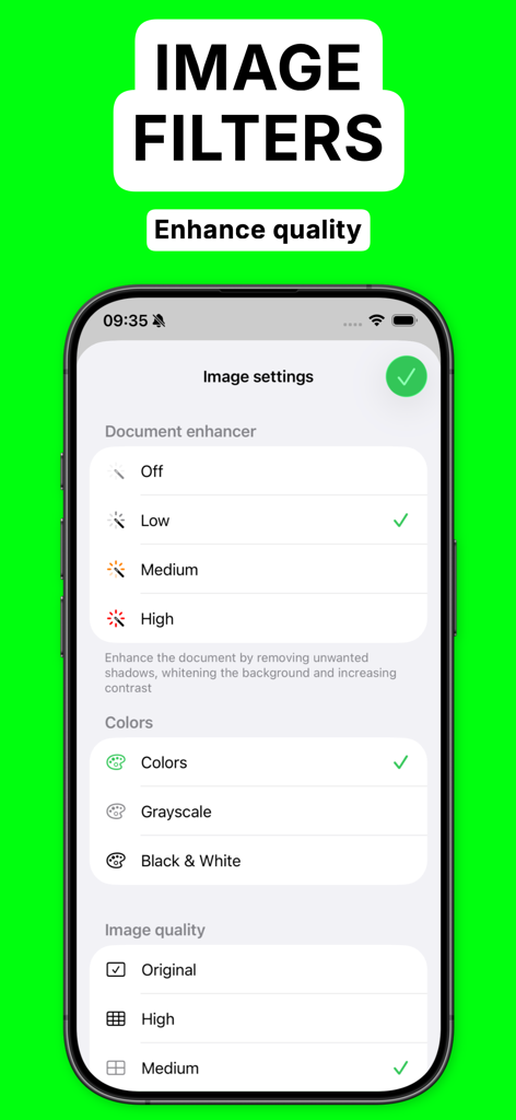 Interface of QuickScan app showing document enhancer and image filter options on an iPhone screen