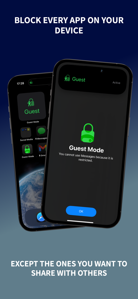 Guest Mode: Lock Apps - An iPhone screen displaying a Guest Mode restriction message blocking access to the Messages app.