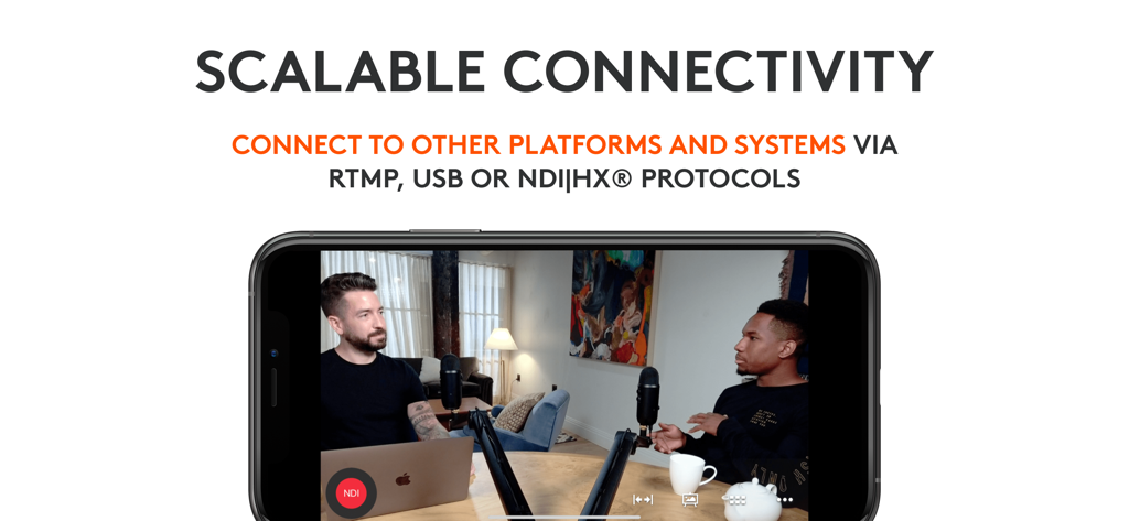 Logitech Mevo - Logitech Mevoアプリのインターフェースで、ライブポッドキャストストリーム用のRTMPやNDIなどの接続オプションが表示されている様子