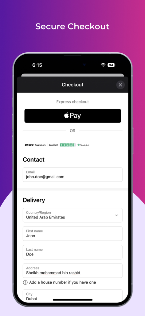Revibe app secure checkout screen showing Apple Pay and delivery form