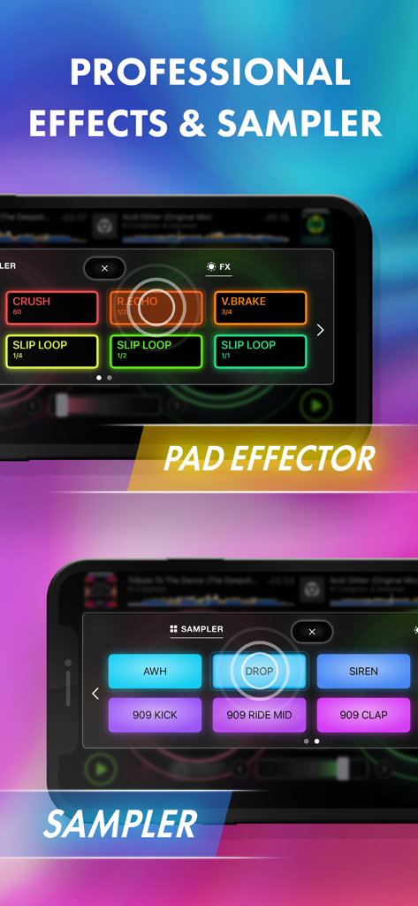rekordbox - DJ App & DJ Mixer - Pantalla de la aplicación móvil rekordbox mostrando la interfaz profesional de efectos de pad y sampler