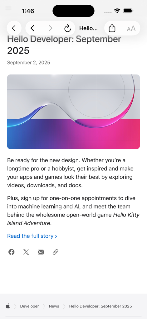 Screenshot of the CloudNews app displaying a tech news article titled Hello Developer with an abstract graphic header